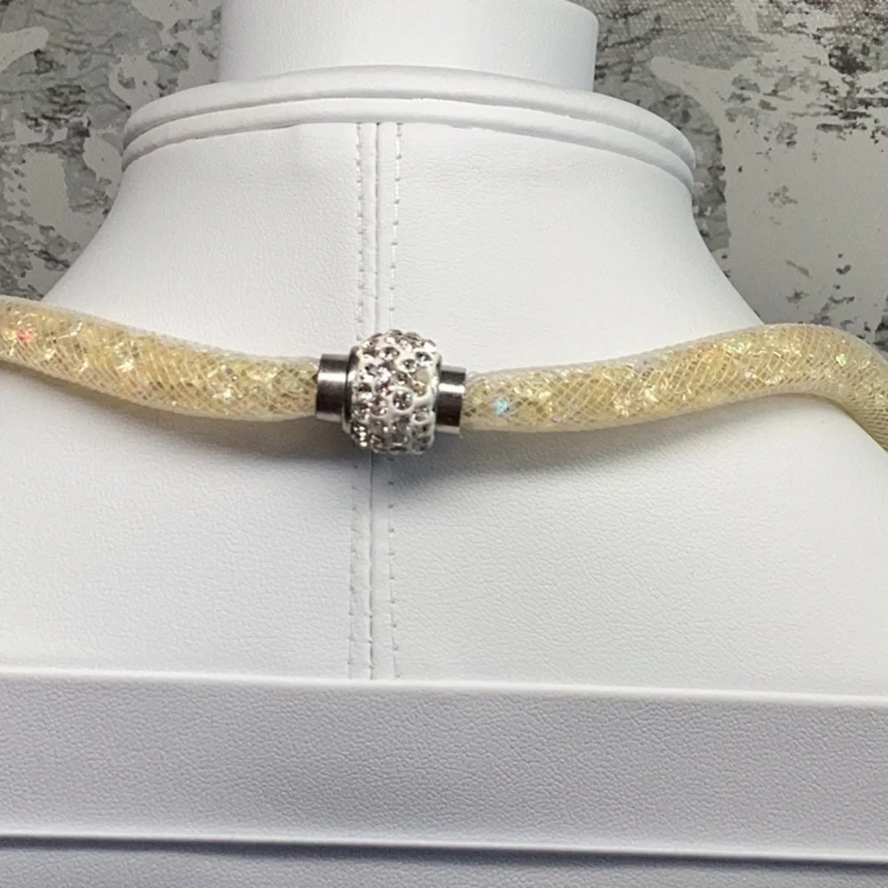 Rhinestone and Crystal AB Yellow Silver and White Necklace Bracelet Earrings Set